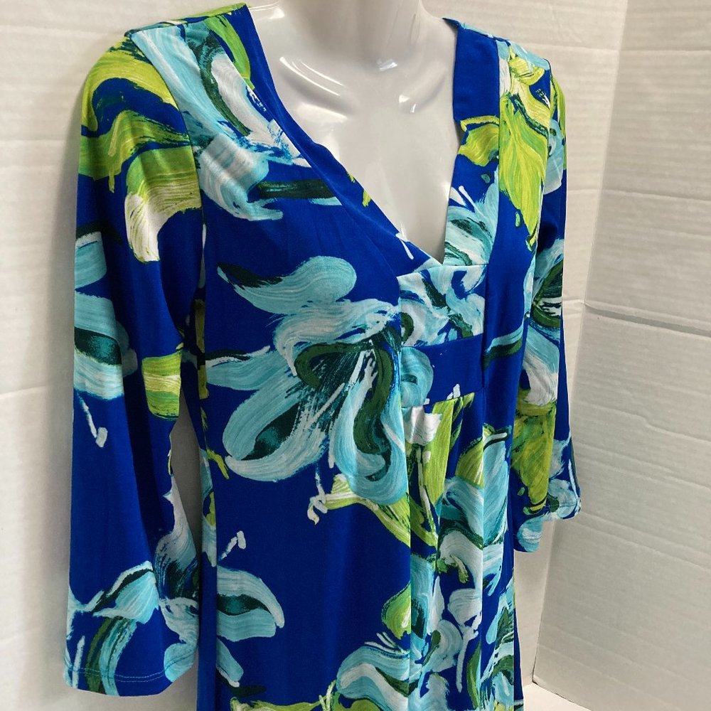 Jean-Pierre Klifa Paris Floral A-line Mini Dress V-neck Blue Medium Made in USA - Picture 3 of 7